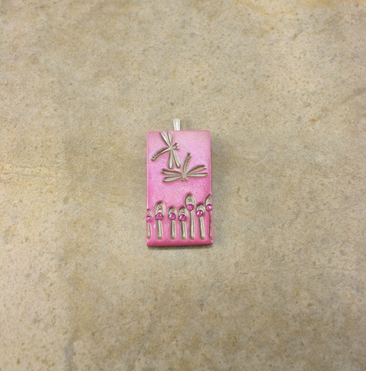 Flowers and Dragonflies Pendant Silver Sage Green Hot Pink Pendant