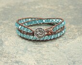Mermaid Bracelet Silver Turquoise Crystals Brown Leather Wrap Bracelet Mermaid Jewelry