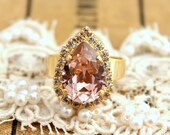 Vintage Rose tear drop adjustable ring - 14k plated gold adjustable ring real swarovski rhinestones.