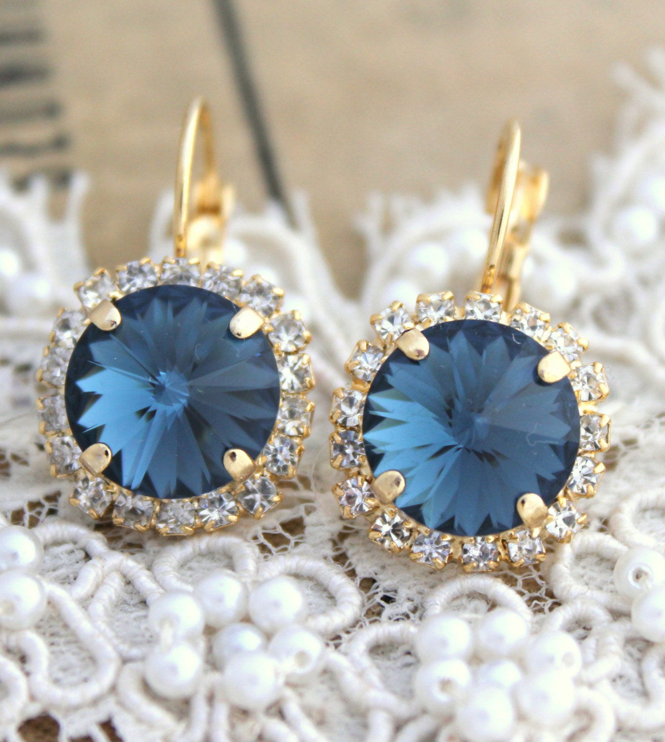 Crystal Blue denim color earring - 14 k plated gold post earrings real swarovski rhinestones .