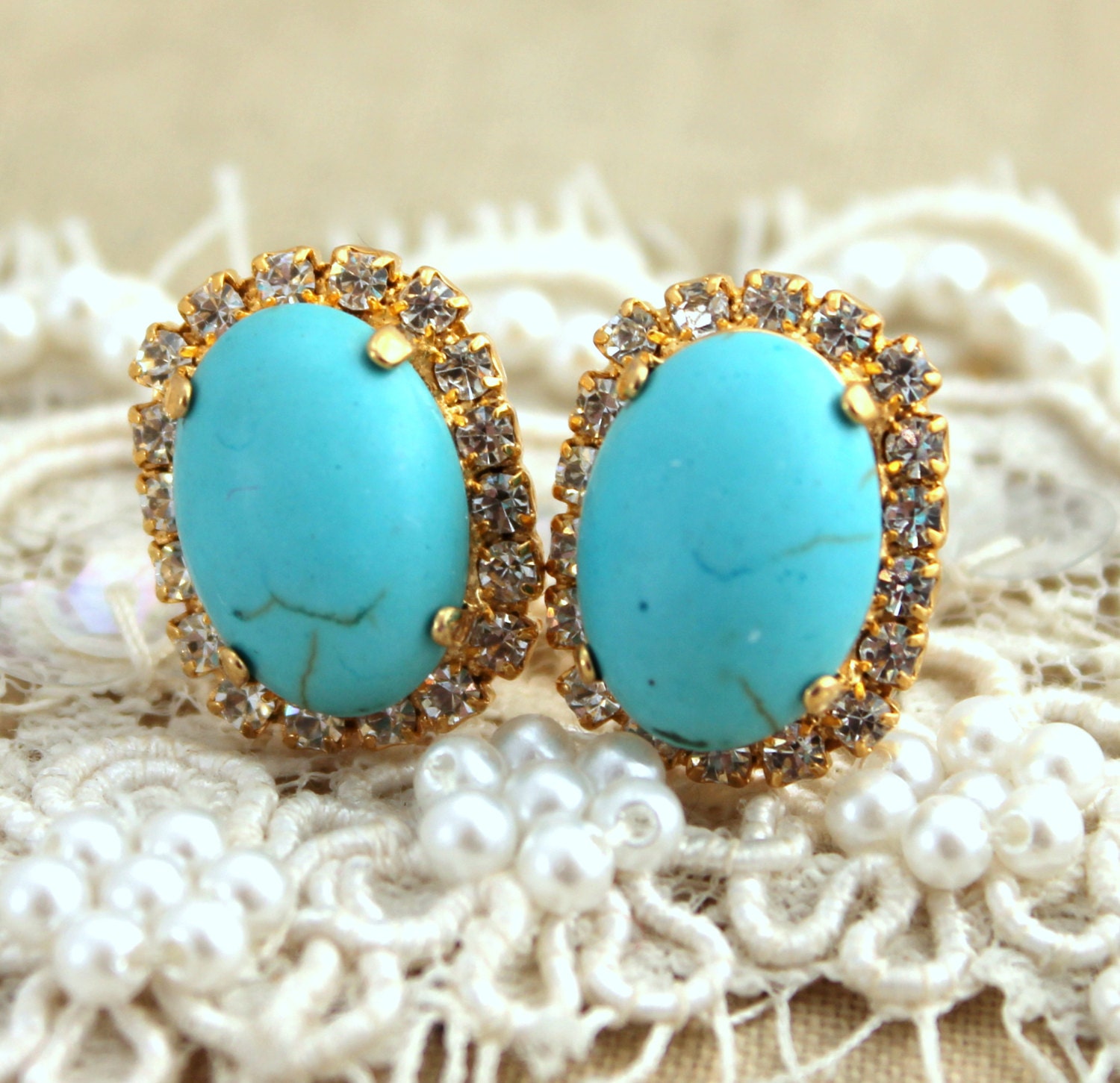 Turquoise Crystal stud oval earring - 14k plated gold post earrings gemstone with real swarovski rhinestones .