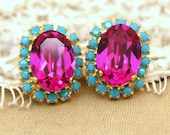 Turquoise pink Fuchsia stud Crystal big oval earring - 14k plated gold post earrings real swarovski rhinestones