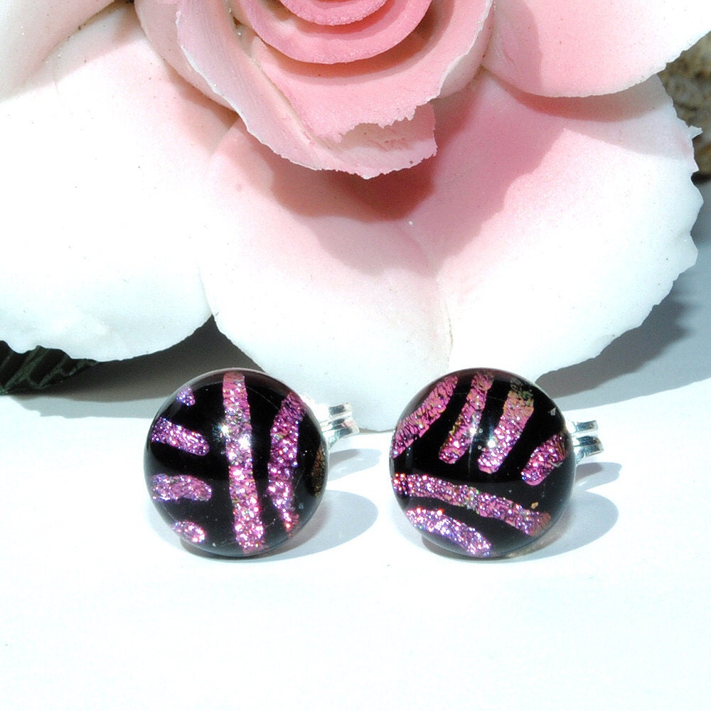 Petite Dichroic Glass Studs - Fused Glass Jewelry, Sterling Silver Posts - Candy Stripes, Pink and Black, Kawaii - 5/16" 8mm (Item 30554-E)