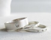 modern engagment ring - wedding band stacking set - Moissanite and diamond palladium sterling silver wide band engagment ring set