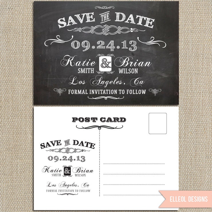 Chalkboard save the date wedding postcard
