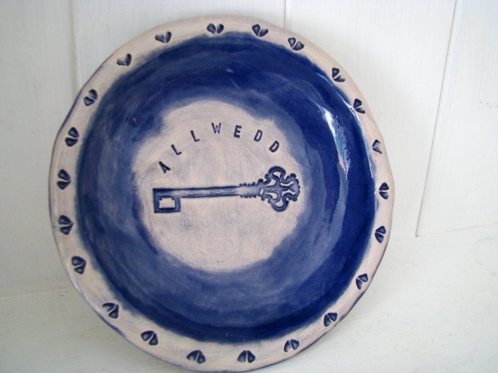 Allwedd (keys in Welsh) dish. Indigo blue. Made in Wales, UK.