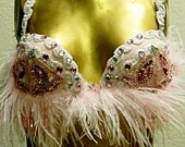 Pink Feather Beaded BRA Belly Dance Las Vegas BURLESQUE Custom Made 34-36 b/c ready to ship