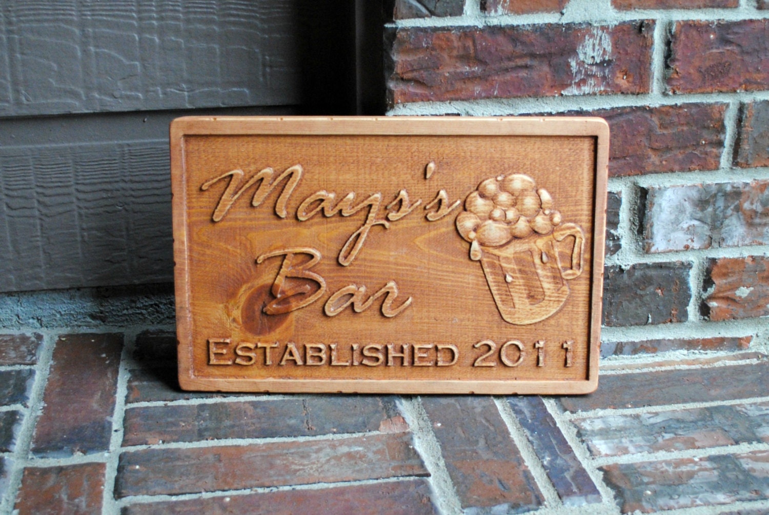 Custom Bar Carved Wood Sign with Carved Beer Mug - Personalized, Eco-friendly - Last Name, Date Established