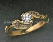 Gold and Diamond, DELICATE LEAF RING with Genuine Natural Diamond, made in 14k yellow gold or 14k white gold.