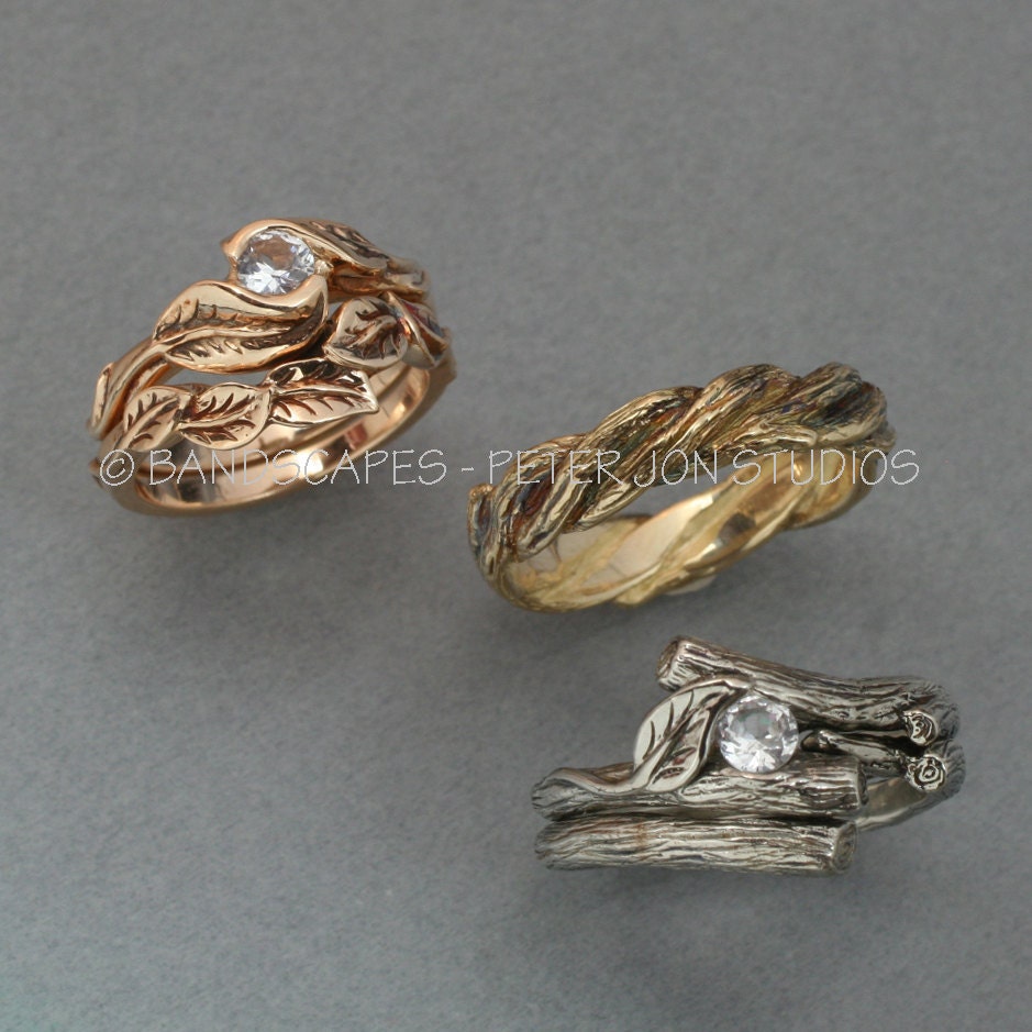 WEDDING RING SET -14k Yellow , Rose Gold or White Gold - Delicate Leaf Engagement ring with matching Wedding Band.