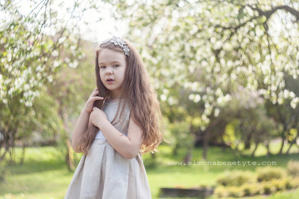 Natural beige  linen flower girl kanzashi headband - Summer children hair accessories