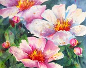 Watercolor of Bold White Pink Flowers by Artist Martha Kisling