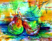 Watercolor Oil Pastel of Colorful Pears by Artist Martha Kisling