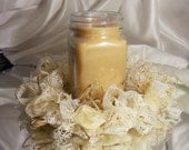 Shabby Wedding Candle Ring handmade of vintage style lace, raffia and embellished with ivory roses. 8" in diameter
