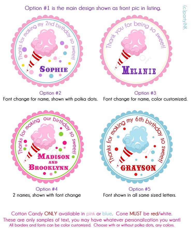 Yummy Cotton Candy Personalized Stickers - Party Favor Labels, Birthday Stickers, Cotton Candy, Circus, Carnival - Choice of Size