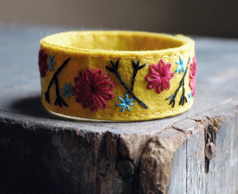 Felt Bracelet Cuff Hand Embroidered Mustard Yellow Wool Felt with Scarlet Red and Turquoise Embroidery by love maude