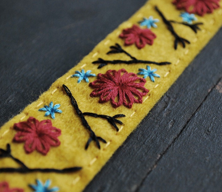 Felt Bracelet Cuff Hand Embroidered Mustard Yellow Wool Felt with Scarlet Red and Turquoise Embroidery by love maude