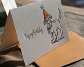 1 Dog Birthday Card, party dog, letterpress printed, limited edition hand watercolored hats