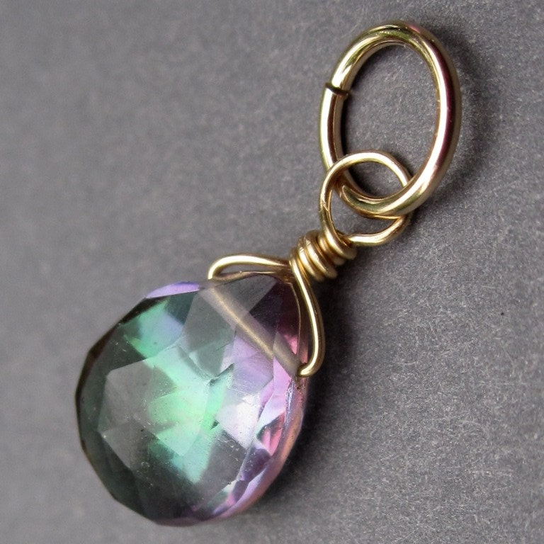 Rainbow Mystic Quartz Faceted Briolette 14k Gold Fill Wire Wrapped Dangle Pendant Stone D