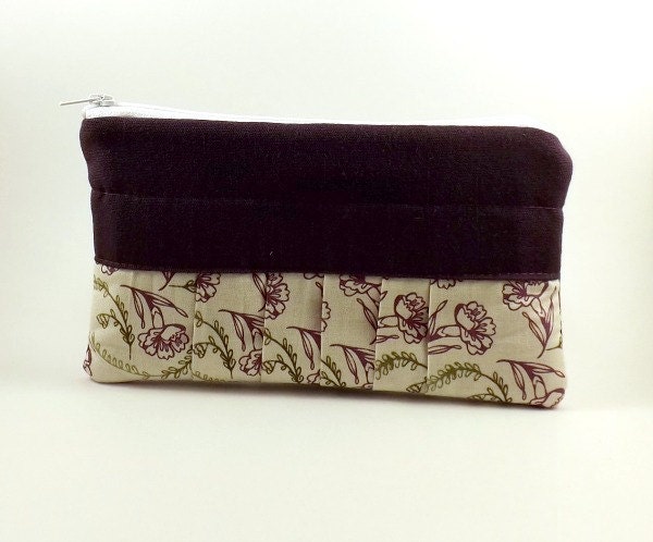 Pleated Pouch/ Zipper Pouch/ Dark Purple Pouch/Wallet/Gift for Women/Purple Flowers/Beige