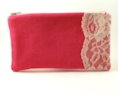 Ready to Ship/Pink Lace Zipper Pouch/Floral Lining/Handmade/Gift Idea - Eyelah
