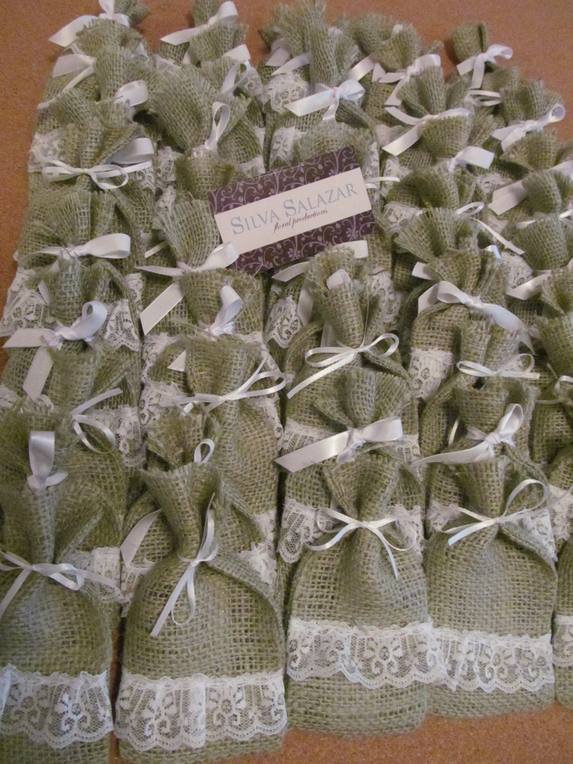 50 3x5 Burlap and Lace Favor Bags, Burlap in Ivory, Brown, Natural, Green and Red