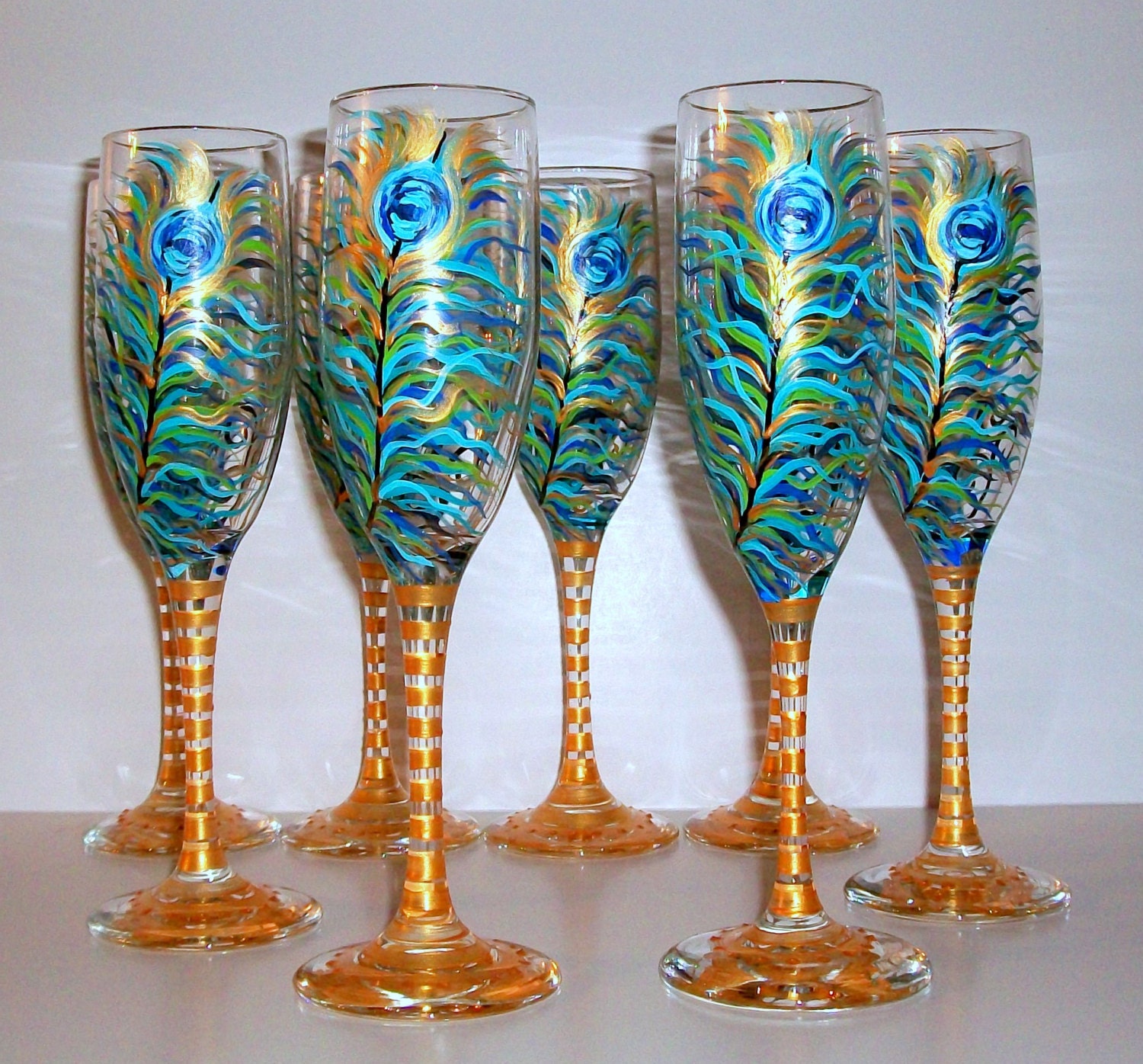Peacock Feather Hand Painted Champagne Flutes Wedding,Bridesmaids,Gifts Set of 8 Hnadpainted Champagne Flutes