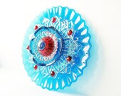 Garden Art Yard Stake Outdoor Decor Glass Plate Flower Suncatcher Repurposed Upcycled AZURE