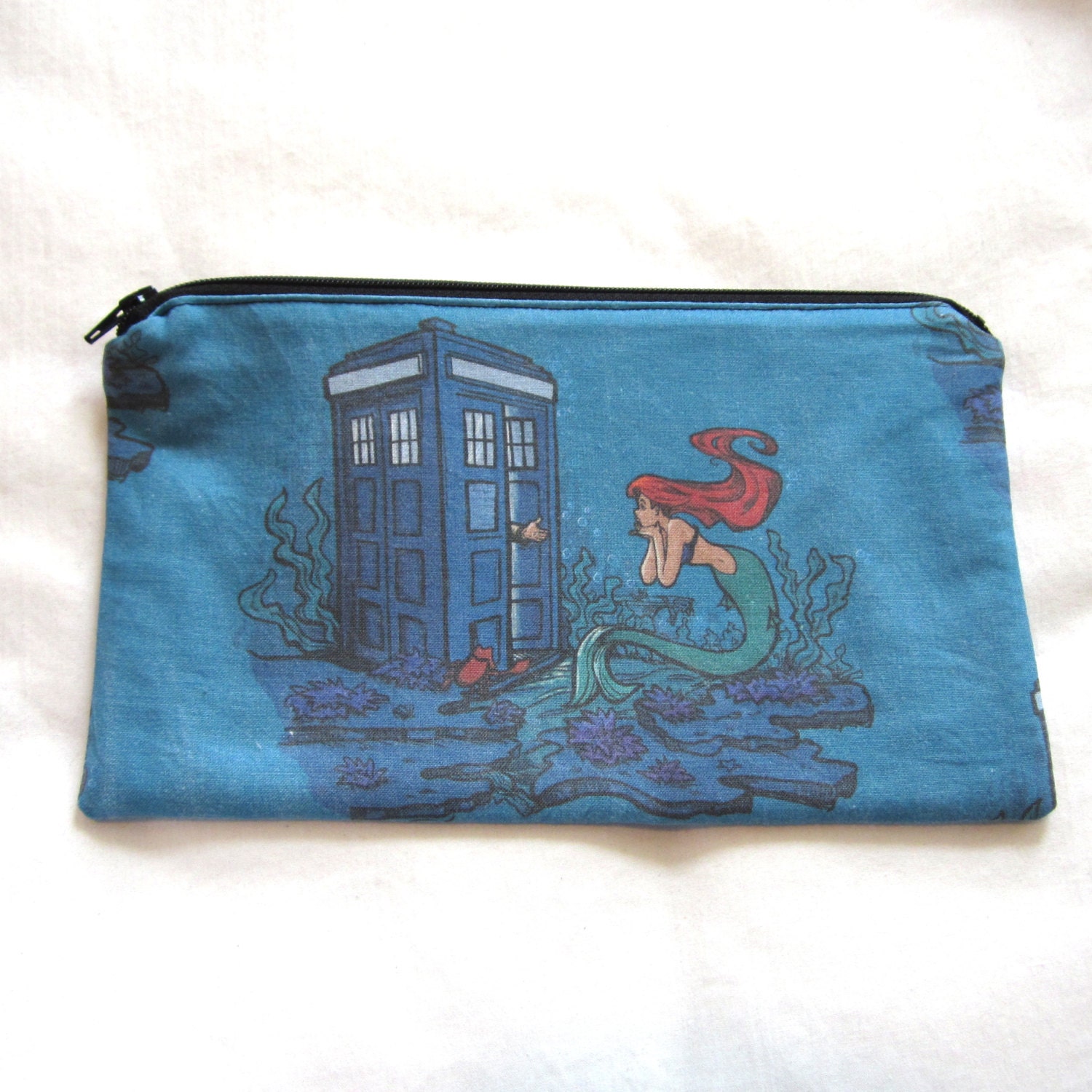 Little Mermaid Meets Doctor Who Fabric Zipper Pouch / Pencil Case / Make Up Bag / Gadget Pouch