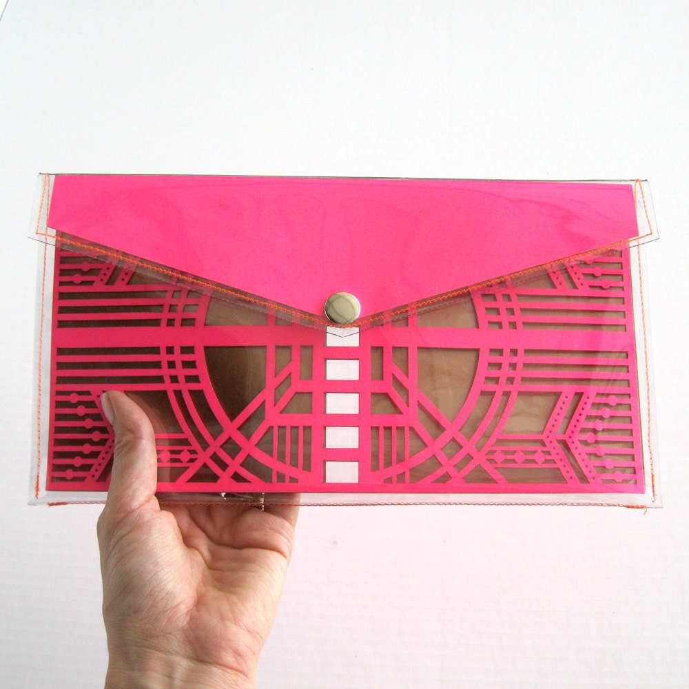 Neon Pink Cut Out Art Deco Clutch - Geometric Laser Cut Paper Clear Transparent Vinyl PVC Purse