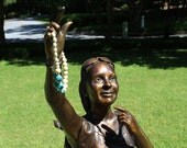 Wooden Beaded Necklace with Blue and Cream Ceramic beads, 2 strands, 17 inches, neutrals