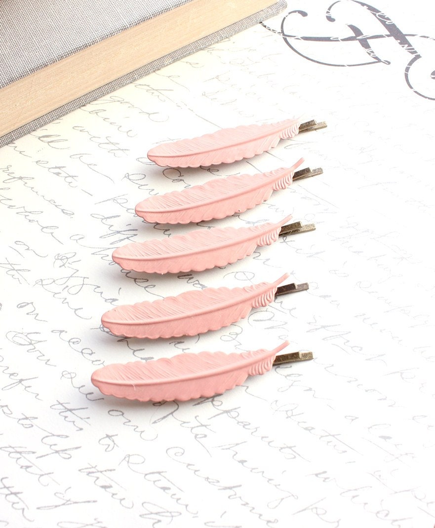 Pink Hair Accessories, Bridesmaids Gift Set, Feather Bobby Pins, Peach, Pastel, Wedding Bridal Hair Accessories, woodland, Set of five (5)