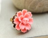 Coral Flower Ring, Large Floral Cocktail Ring Pink Peach Daisy Flower Jewellery, Adjustable, Spring Garden Wedding