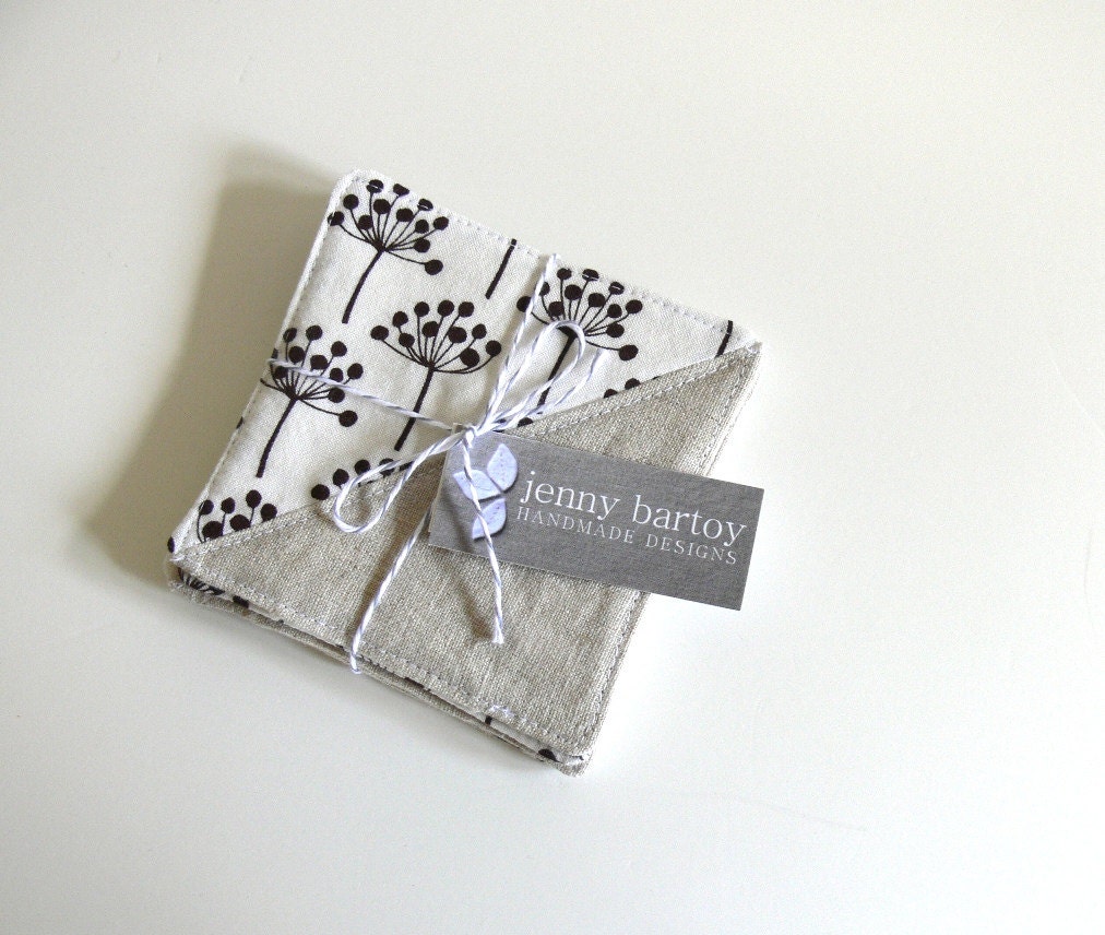 Coasters, Set of 4 - Linen and Botanical Buds in Brown - Ready to ship
