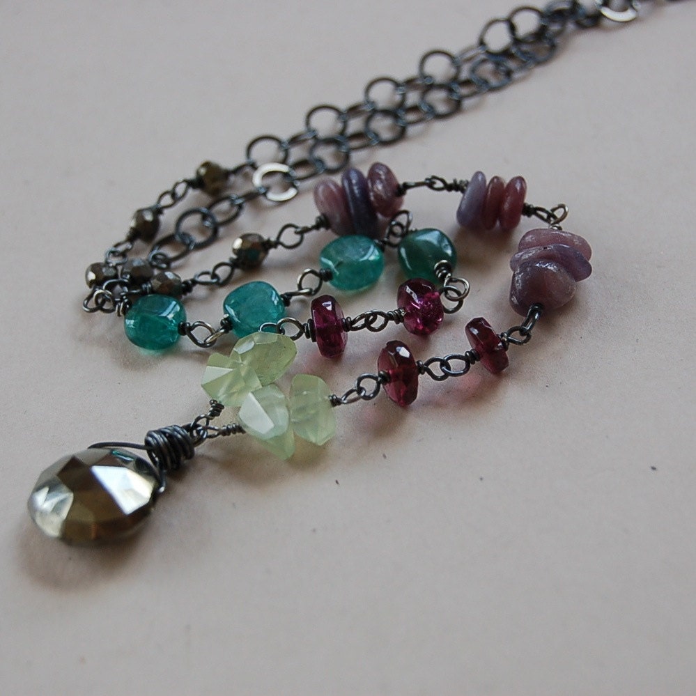 Multi-Stone and Sterling Silver Necklace - Pyrite, Garnet, Apatite, Prehnite, Umba Sapphire
