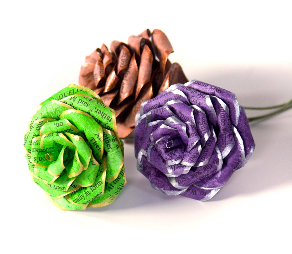 single trimmed dyed book paper rose - ink colored blossom- one flower - upcycled books- choose colors