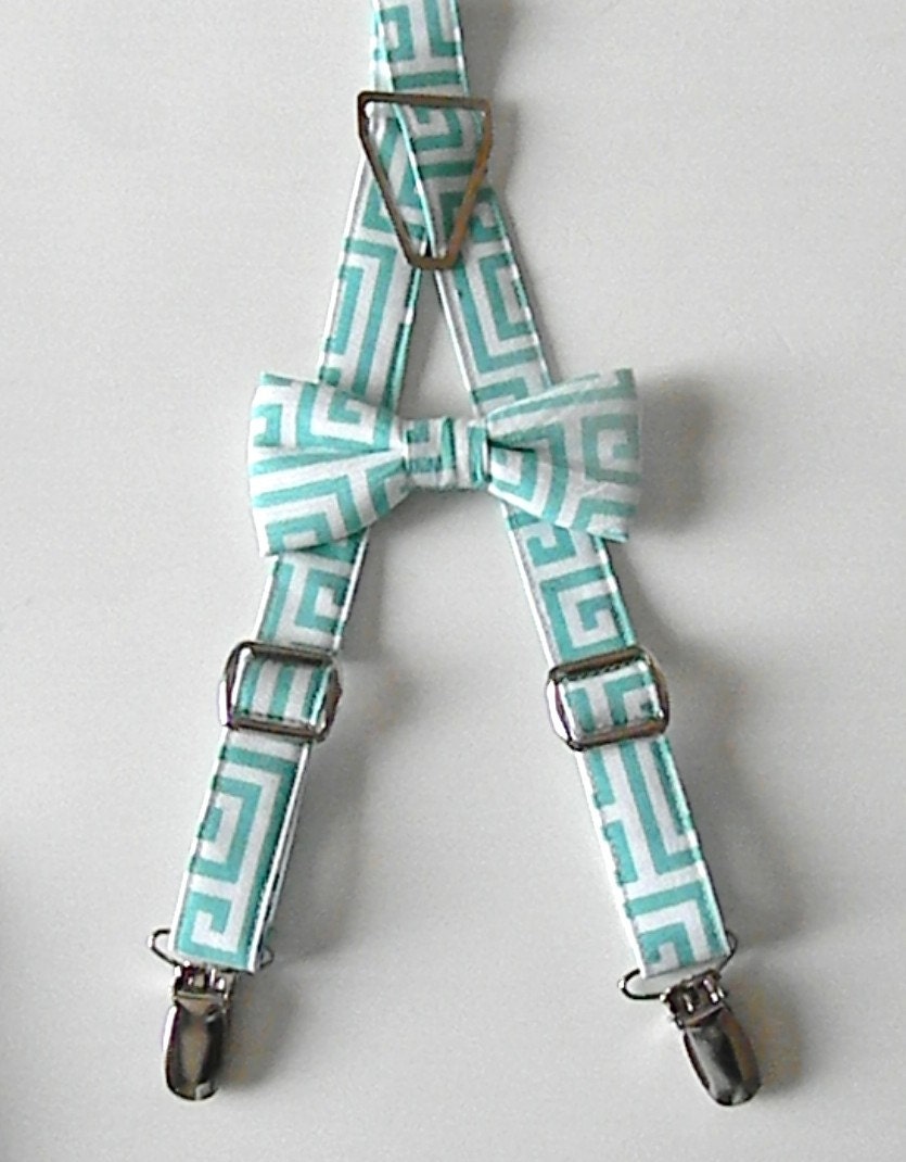 Turquoise and White Geometric Suspender and Bow Tie Set