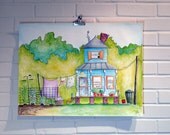Watercolor Painting Original Art 18x24 Country Cottage, Random Dwelling 44