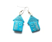 Polymer clay earrings little houses turquoise blue distressed antiqued house shaped dangle earrings