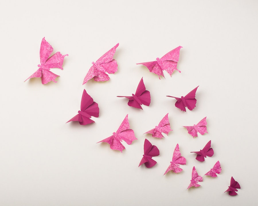 3D Wall Butterflies: Butterfly Wall Art for Nursery, Girl's Room, or Home Decor - Flight of 20 in Raspberry & Fuchsia Damask