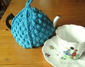 mini tea cosy, one cup pot, teapot , vintage pattern, blue berry, handknit