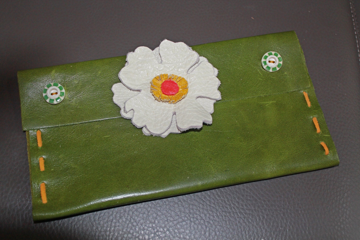 White, Green, Mustard Yellow and Coral Leather Flower Clutch Handbag