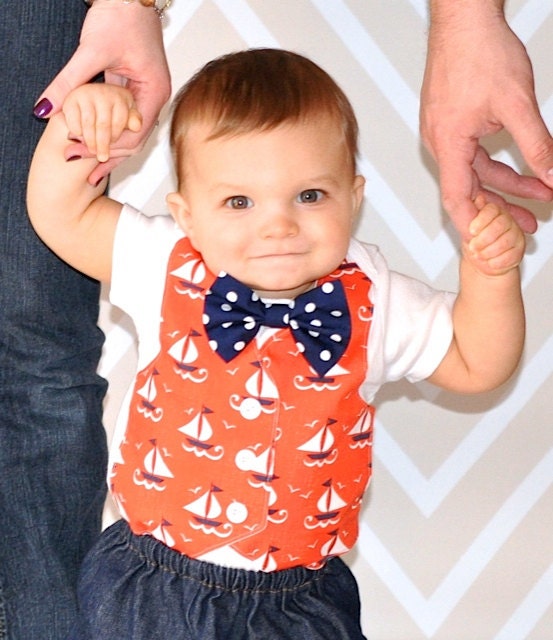 Nautical Sail Boat Long or Short Sleeve Tuxedo Onesie with Matching Bow Tie