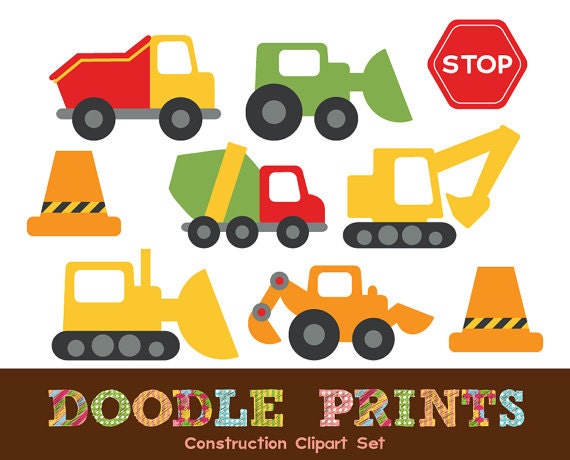 Digital Clip Art Printable - Construction Design - Trucks, Stop Signs, Garbage Truck, Bulldozer - Construction Clipart - Personal Use Only