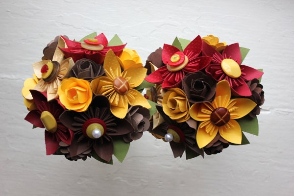 Paper Flower Bouquet, 2 Bridesmaid Bouquets, Wedding, Yellow, Brown Red, Kusudama, Rose