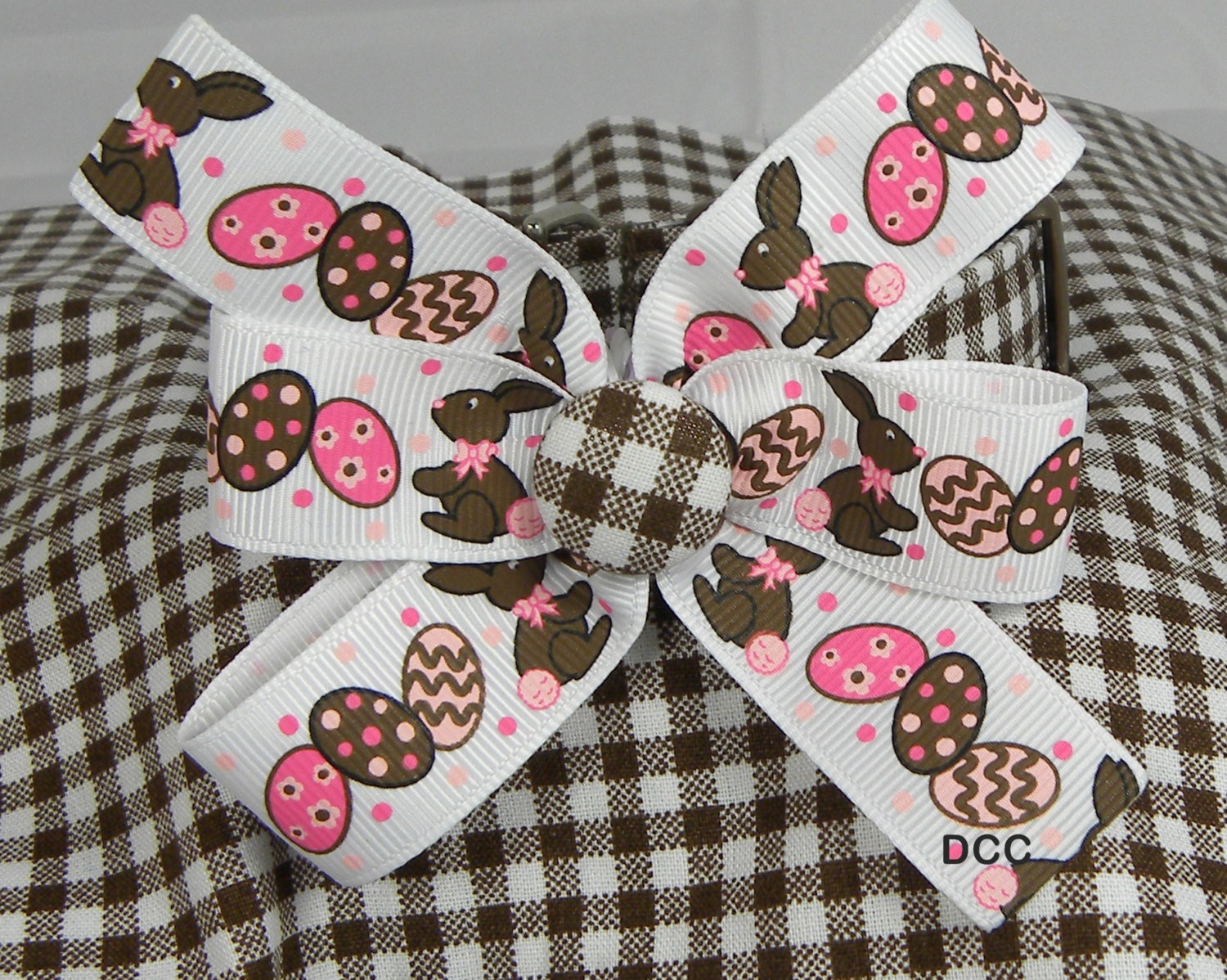 Dog Collar Checkered Brown Milk Chocolate Easter Bunnies Colorful Eggs on Ribbon Bow Size EXTRA SMALL or  SMALL  Adjustable with D Ring
