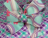 Dog Collar Criss Cross Checkered Purple Turquoise White w Ribbon Swirl Flower Bow Size EXTRA SMALL or  SMALL  Adjustable with D Ring