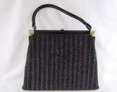 1960's Handbag Vintage Black Patent Leather with Gold Stripes Lining Metal Zipper and Clasp