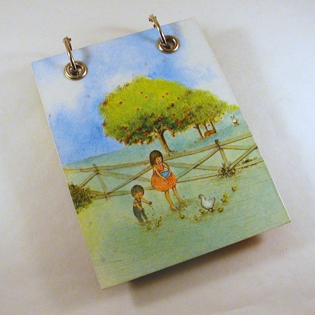 Large Refillable  Notepad - Children Feeding Chickens - Blue, Green - Recycled - Upcycled Vintage Kids Book - RagAndBoneDesign