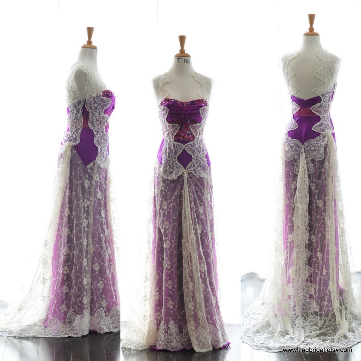 Sale-Vintage Ivory Lace and Purple Chiffon Wedding Gown-Size XS